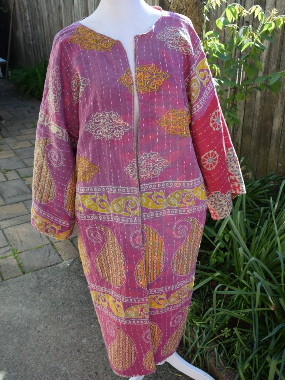 Women Handmade One Of A Kind Kantha Duster Open Front Kimono -Purple, Gold, Red